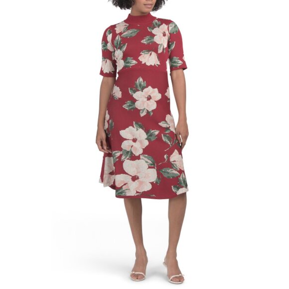 JULIA JORDAN Wine Elbow Sleeve Mock Neck Floral A-line Midi Dress - Picture 1 of 2